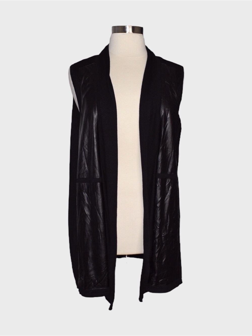 Allison Daley Faux Leather Panel Open Front Long Vest